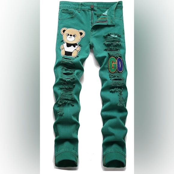 Green Jeans with Bear and GO Patches